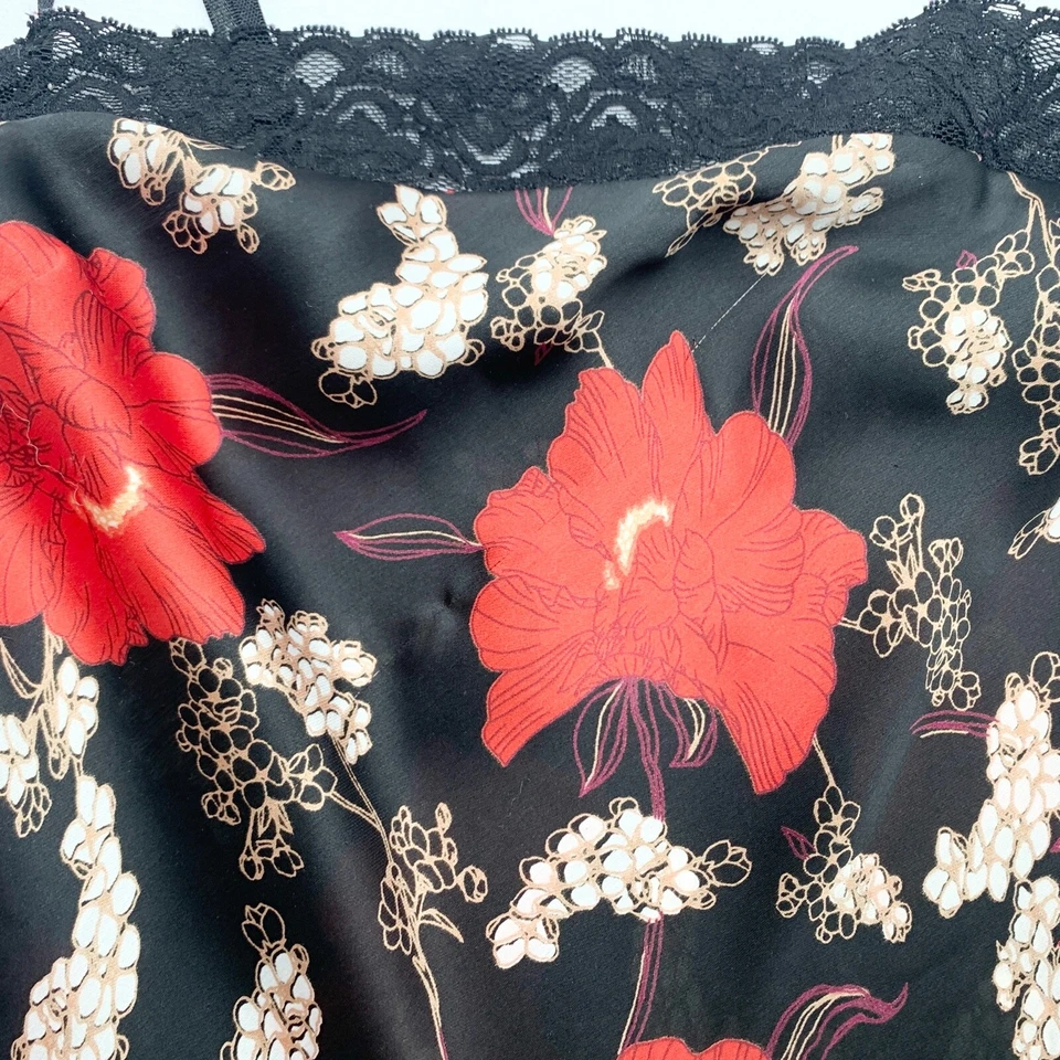 Camiseta sin mangas Y2K 2000s negra roja asiática floral gótica ajustada elástica correa de espagueti encaje S Foto 4 de 4