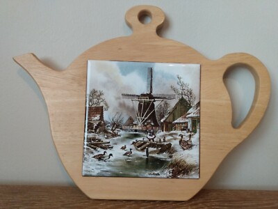Dutch Girl Tile Ter Steege Holland Decorative Trivet WINDMILL Scene Teapot Wood 