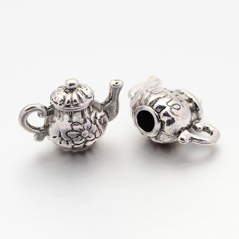 10 Teapot Charms Antiqued Silver Tea Party Pendants 3D Miniature Tea Pot