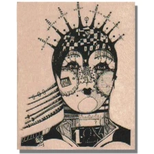 Mounted Rubber Stamp, Art Lady, Head,Face,Woman,Media,Numbers,Fun,Lines,Eyes,sm