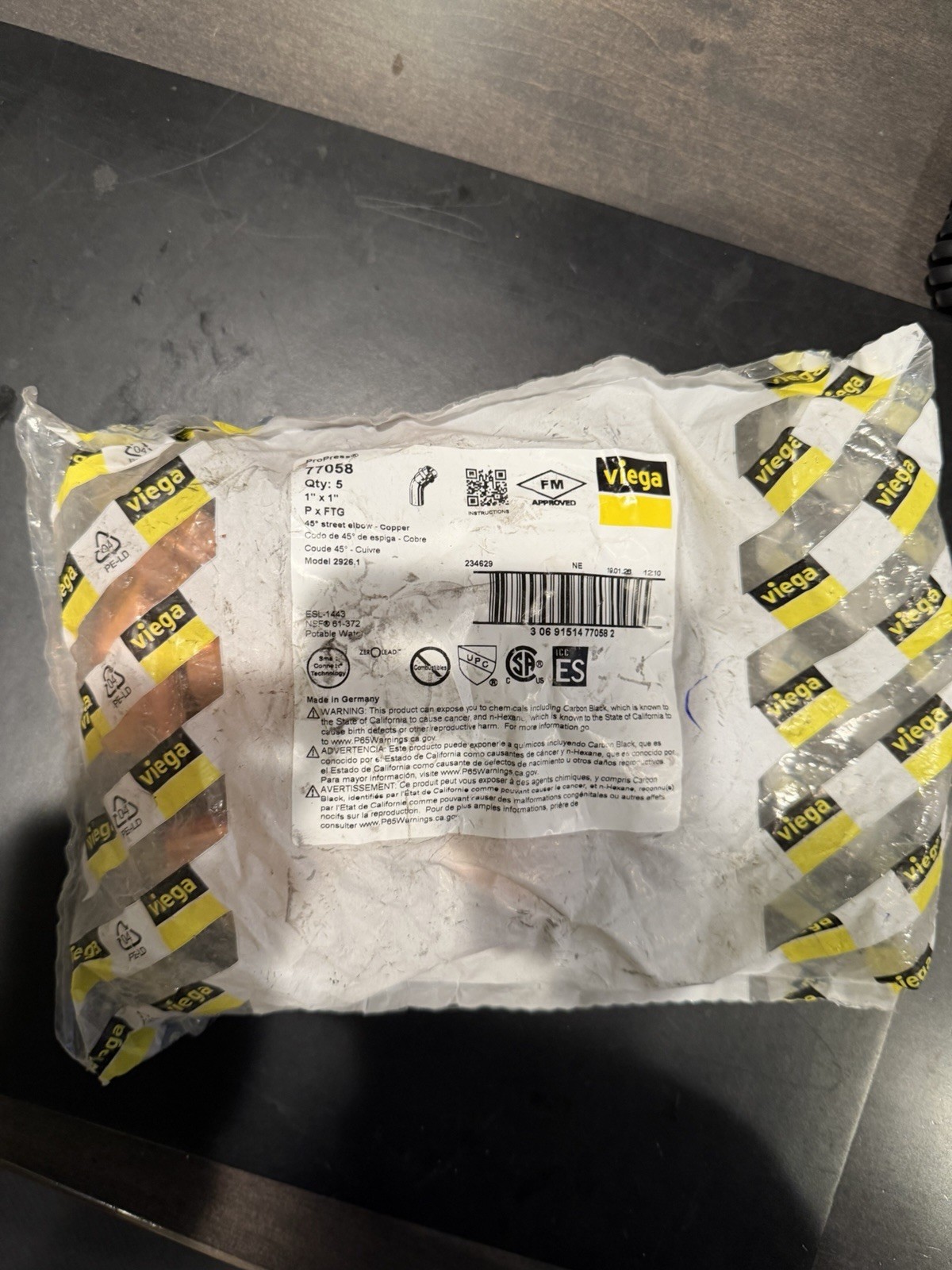 Viega ProPress 77058 1" 45 Degree Street Elbow BAG of 5. 1"x1" P x FTG NEW