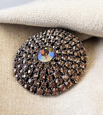 Vtg 1960s Amber Glass Rhinestone Domed Brooch Pin - Lg 2  - Concentric Circles