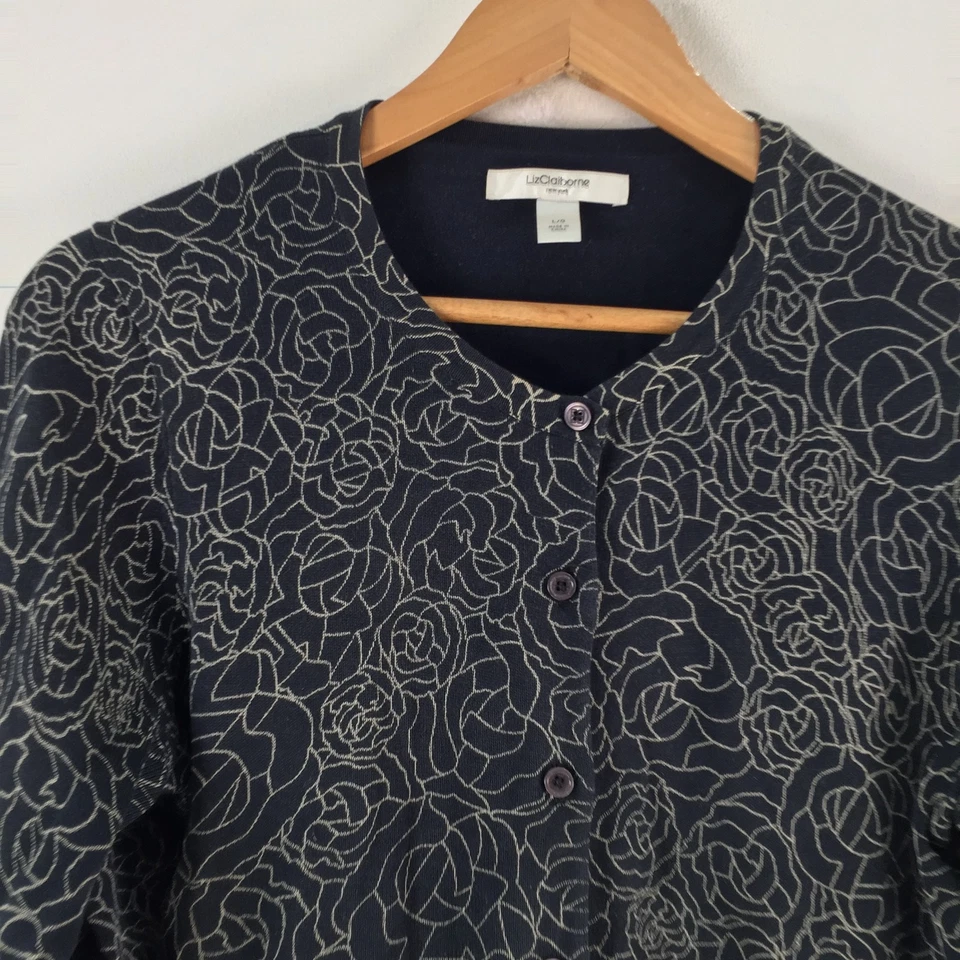 Liz Claiborne Mujer Cárdigan Talla L Negro Floral Manga Larga Algodón 123430 Foto 2 de 4