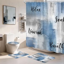 4 PCS Blue Grey Abstract Bathroom Set with Shower Curtain and Rugs 72Wx72H In...