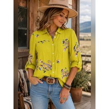 Fig  Flower Embroidered Marigold Button Front Boho Blouse Small