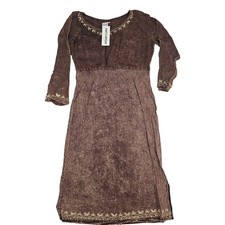 Whats Happenin Brown Acid Wash Embroidered Midi Dress XL NWT Boho Empire Waist