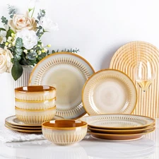 Ceramic Dinnerware Sets,Handcraft Embossed Stoneware Plates and Bowls Sets,Di...