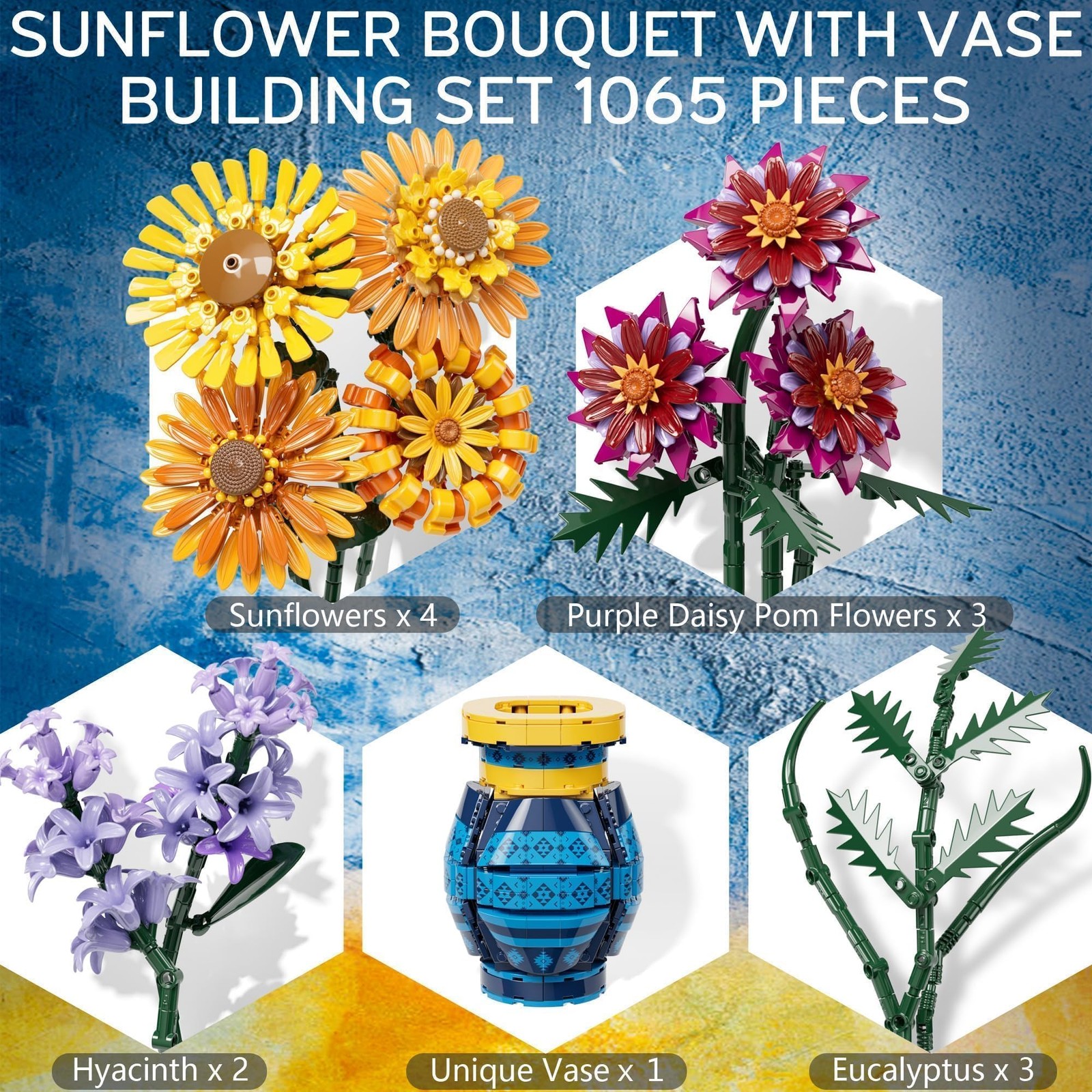 Sunflower Bouquet Building Blocks w/ Vase Set, 1065 PCS Botanical Collection, Bi - Image 4