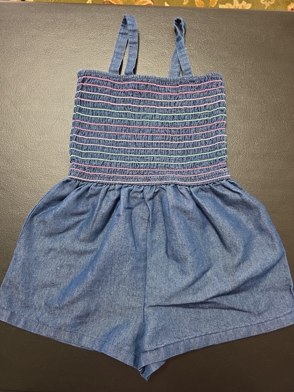 Girls Sz 6 Denim Look Colorful Threaded Shoulder Strap Romper