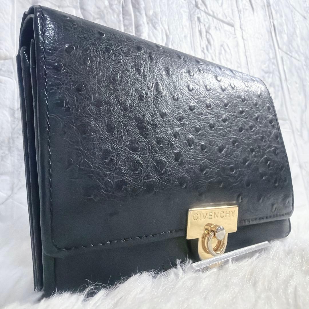 Givenchy Women Accessory Ostrich Embossed Leather Bifold Wallet Black Limited Ed