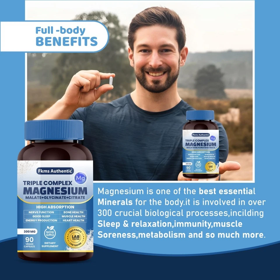 2件装三镁复合物300毫克,甘氨酸镁,柠檬酸盐和芳酸90c — 第 4/4 张图片