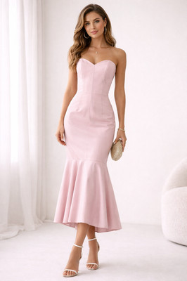 Vintage Pink Leather Strapless Dress Size 8 Mermaid Midi Genuine Leather USA