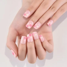 evpct Pink Flower Press on Nails Short Square, Glossy Cute Pink Fake Nails wi...