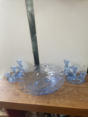 Cambridge Caprice Alpine Moonlight Blue Console Bowl & Pair Candlesticks  Candle