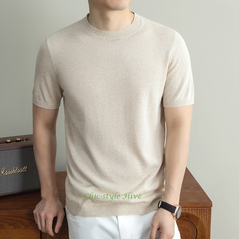 Mens T-shirt Summer Linen Blended Knitted Round Neck Short Sleeve Business Shirt