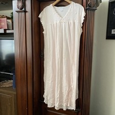 Carole Hochman sz L Nightgown Pink Pima Cotton Lettuce Hem Bow Lace Embroidered