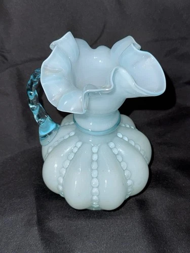 Fenton Art Glass Pitcher Tiffany Blue Overlay Melon Pitcher Vintage