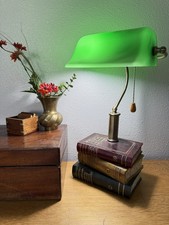 Vtg Bankers Lamp Green Glass Shade Brass Library Desk on Books Unique Rare