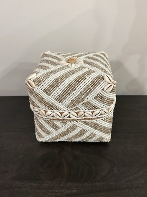 Bali Beaded Shell Box Basket Woven Boho Storage 6 Inches Cube Balinese