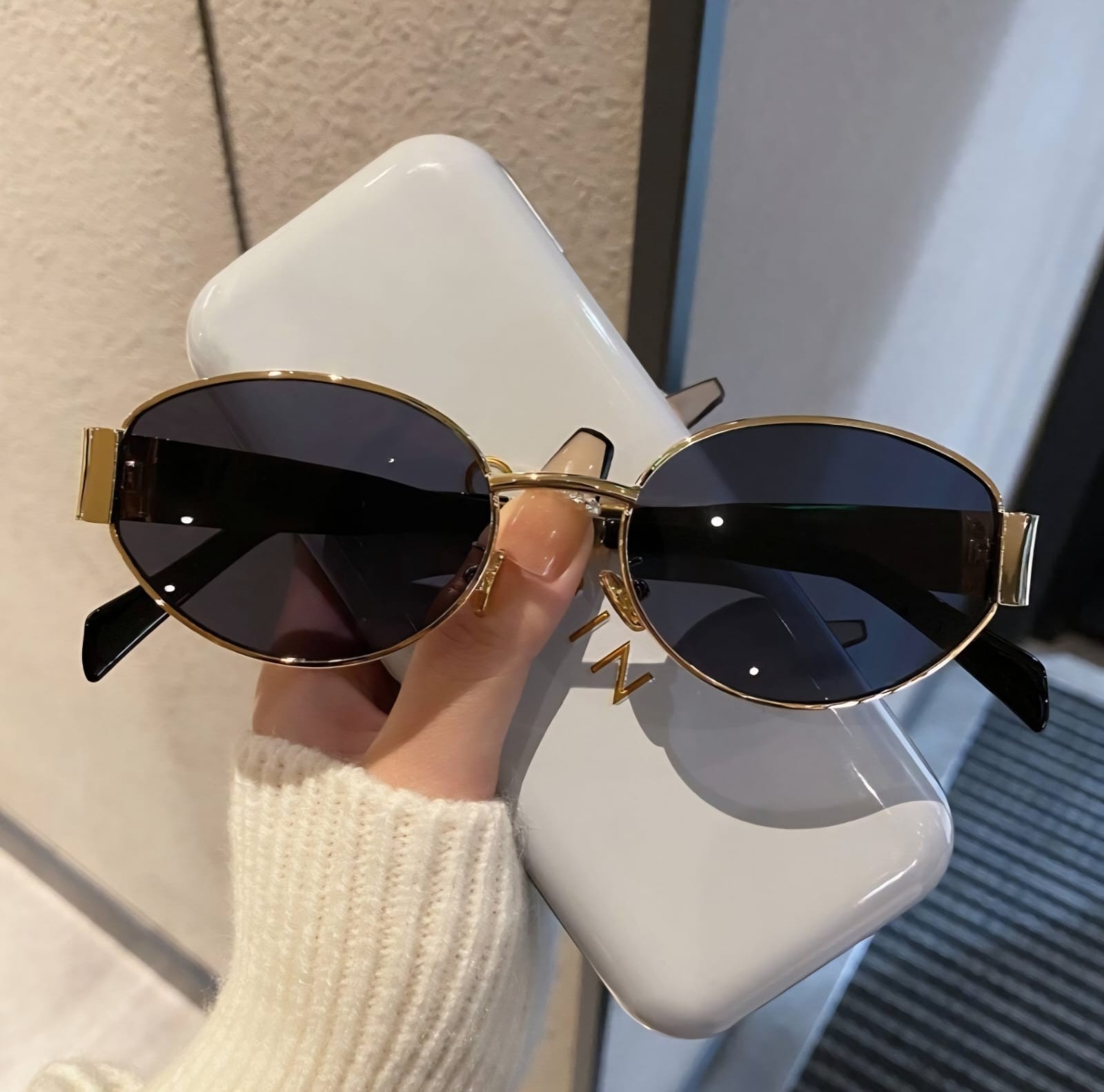 Chic Oval Metal Frame Sunglasses - Tinted Lenses, Gold & Black Detail