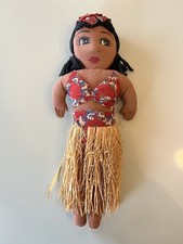 Vintage  40s HAWAIIAN HULA GIRL DOLL Cloth Painted Face 13 1/2  Grass Skirt WWll