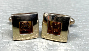 Authentic Vintage Amber Colored Stone Shadow Box Yellow Gold Plated Cuff Links