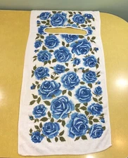 Vintage Adult Bib Over The Head Homemade Towel Bib White With Blue Flowers.