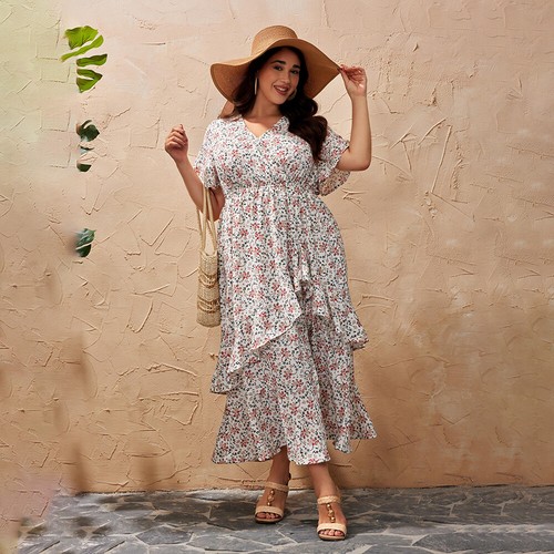Plus Size Boho Women V-Neck Ruffle Floral Short Sleeve Midi Dress Party Dresses - Zdjęcie 13 z 22