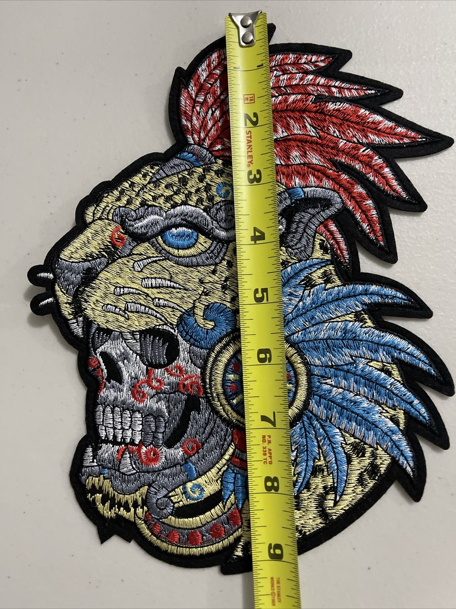 Aztec Skull Warrior Large Back Patch: Embroidered, Iron On, 9” X 7