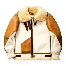 Mens White B3 RAF Aviator Jacket - Shearling Fur Real Leather Bomber Jacket Coat