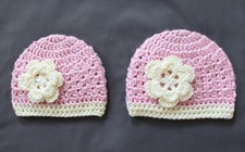 Lot of 2 Crochet Baby Girl Hat Beanies W/Flower Newborn - 6 Months NEW, SOFT 