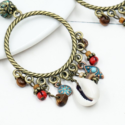 Boho Quaste Muschel Blume Kreis Rund Hängen Tropfen Haken Ohrstecker Ohrringe Schmuck - Bild 5 von 7