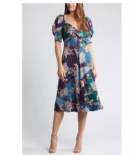 Vince Camuto Womens Puff Sleeve Knotted Front Midi Dress Paisley Satin 2 NWT