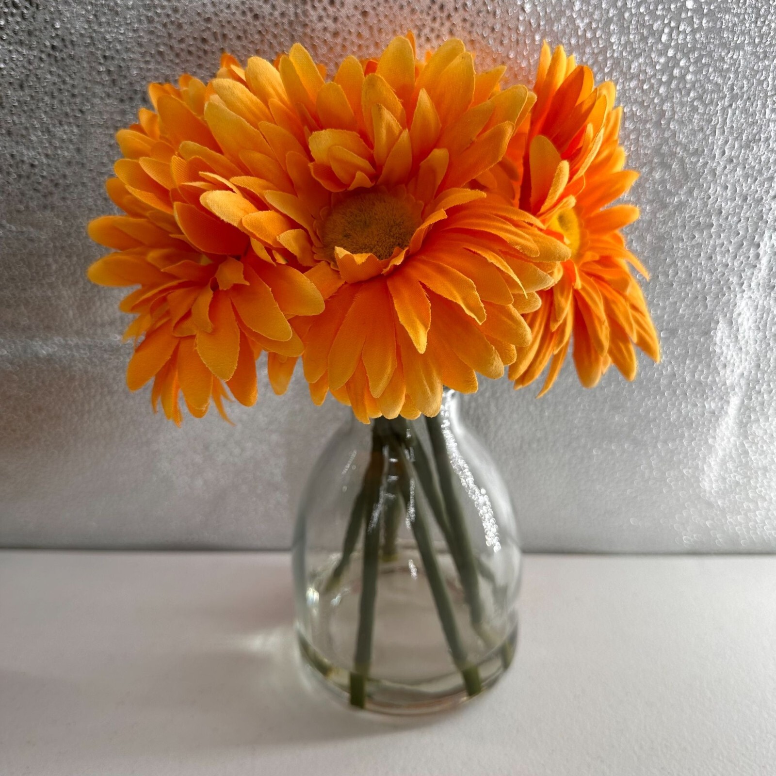 Artificial Orange Gerbera Daisy Bouquet Clear Glass Vase Centerpiece Fall Faux b