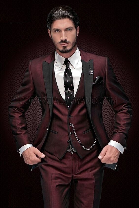 Burgundy Men's Slim Fit Suits Peak Lapel Groom Party Tuxedos