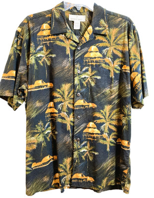 Tiki Huts & Palms on Black Hawaiian Aloha Shirt Paradise Shores SZ Med