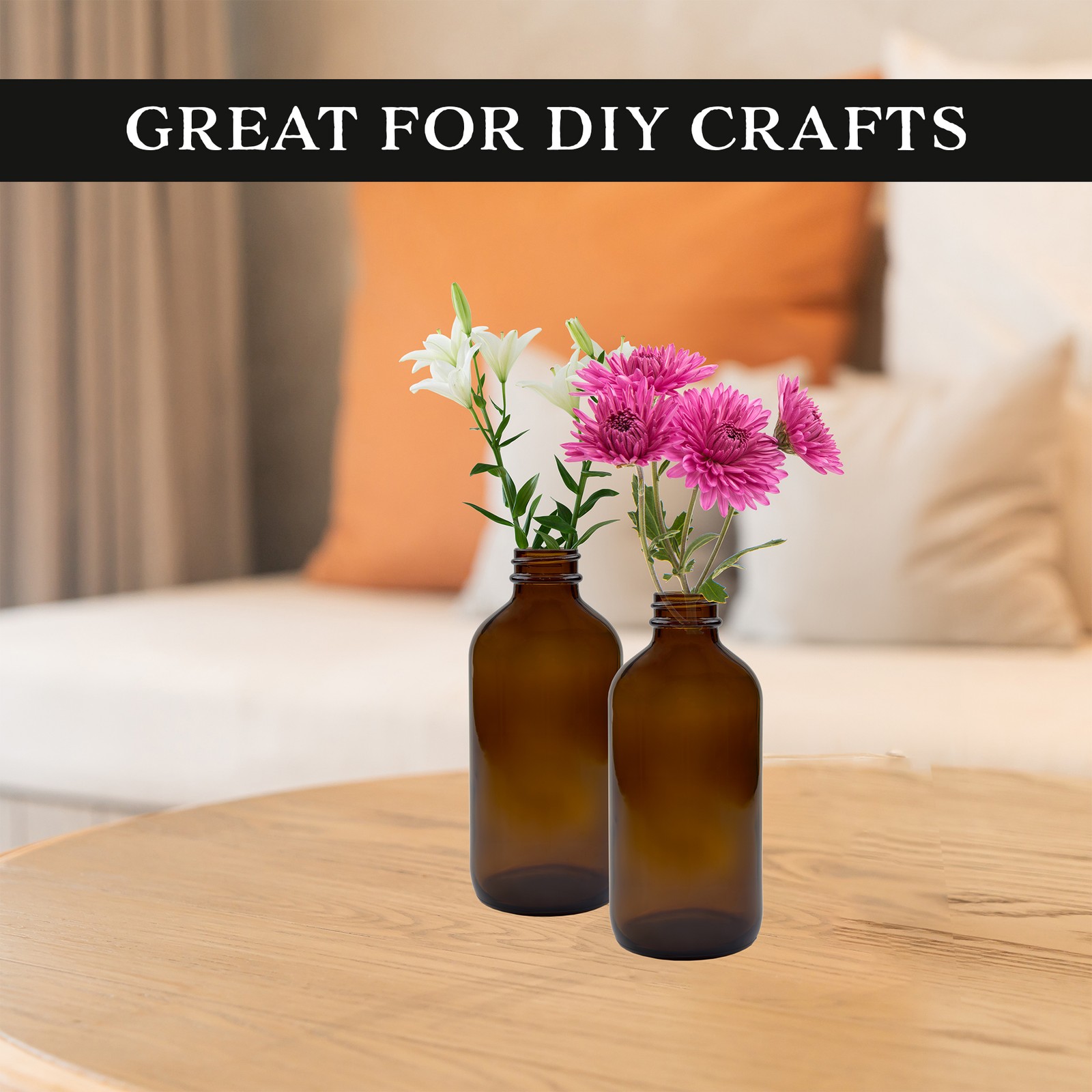 8oz Amber Glass Bottles w/Polycone Phenolic Caps 6Pk Boston Round Bottles