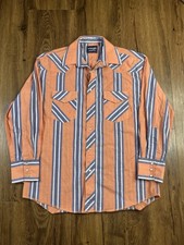 Wrangler Western Orange Blue Striped Pearl Snap Retro Shirt 16x33