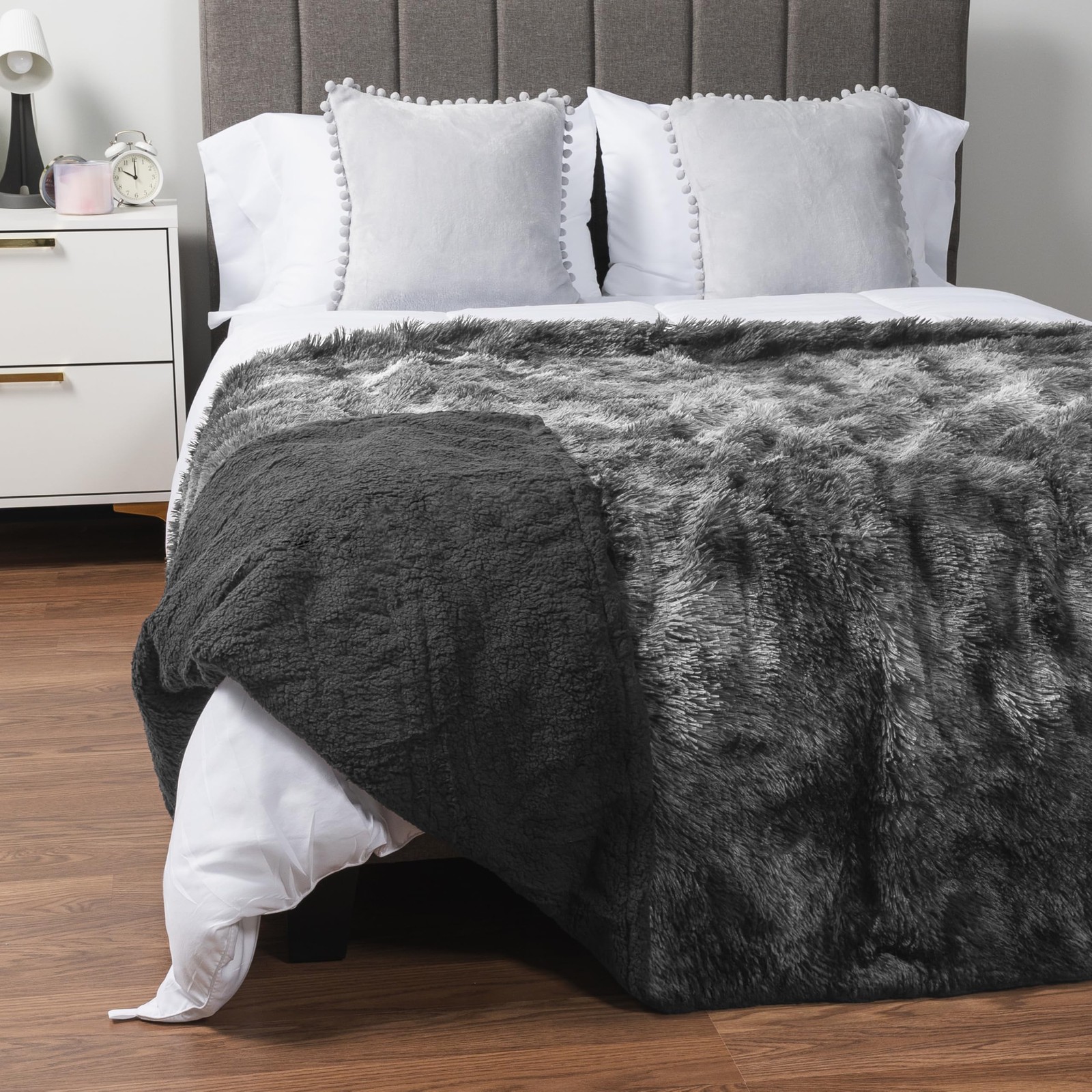 PAVILIA Soft Fluffy Faux Fur Bed Blanket, Queen, Tie-Dye Grey, Shaggy Furry Warm
