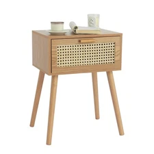 Mid Century Nightstand Rattan Side Table with Drawer Modern Bedside Table wit...