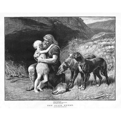 The Slain Enemy by Heywood Hardy; Decapitated Wolf Head - Antique Print 1882