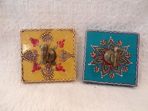 2 Hand Painted Folk Art Wooden & Brass Wall Hook Hangers For Clothes Purses Etc