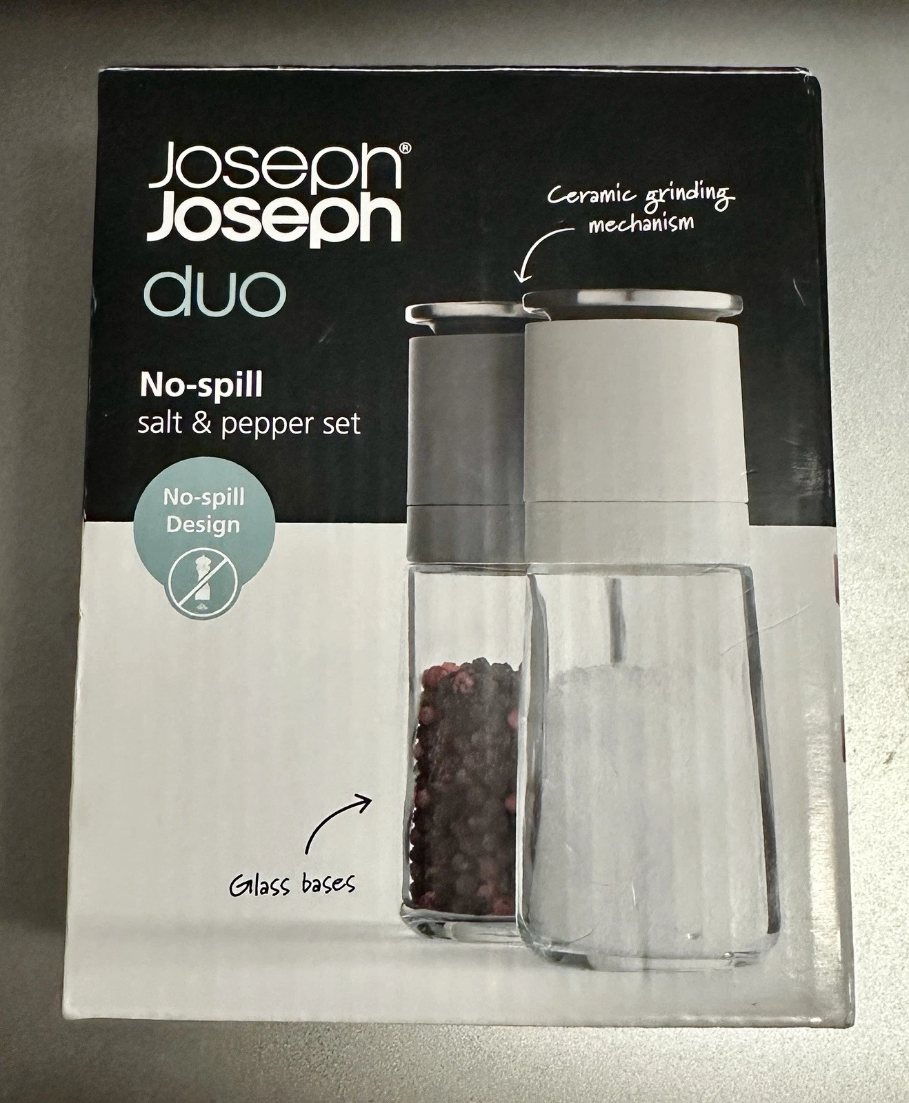 Joseph Joseph Milltop Salt and Pepper Ceramic Grinder Set Glass Stainless Steel