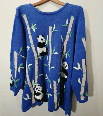 Vintage Quacker Panda Eucalyptus Embroidered Pullover Knit Sweater 2XL Blue 90s