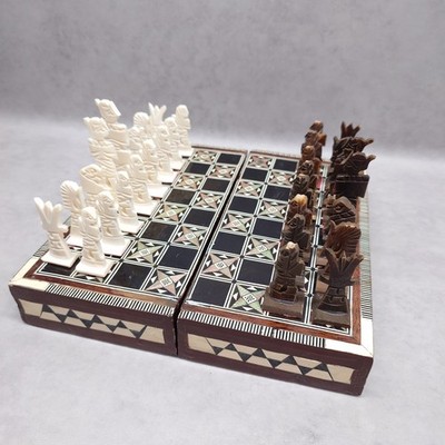 Handgefertigtes klappbares Schach & Backgammon Set Terecea Intarsien, Vintage 