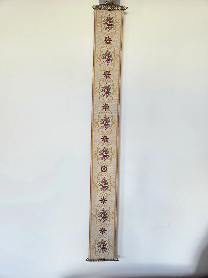 Vintage Tapestry Stitch Floral Embroidered Bell Pull Brass Wall Hanging Antique - Image 2 of 4