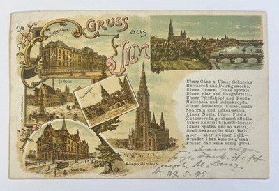 AK Gruss aus Ulm Lithographie Mehrbild Rathaus Münster Zundeltor gelaufen 1897