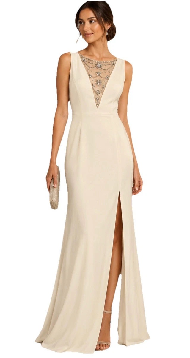 Vestido Adrianna Papell Marfil Sin Mangas Adornado Malla Abertura 6