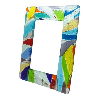 Cadre Photo En Verre De Murano Multicolore Jaune Rouge Bleu 14Cm X 11Cm Autonome - Photo 1/4