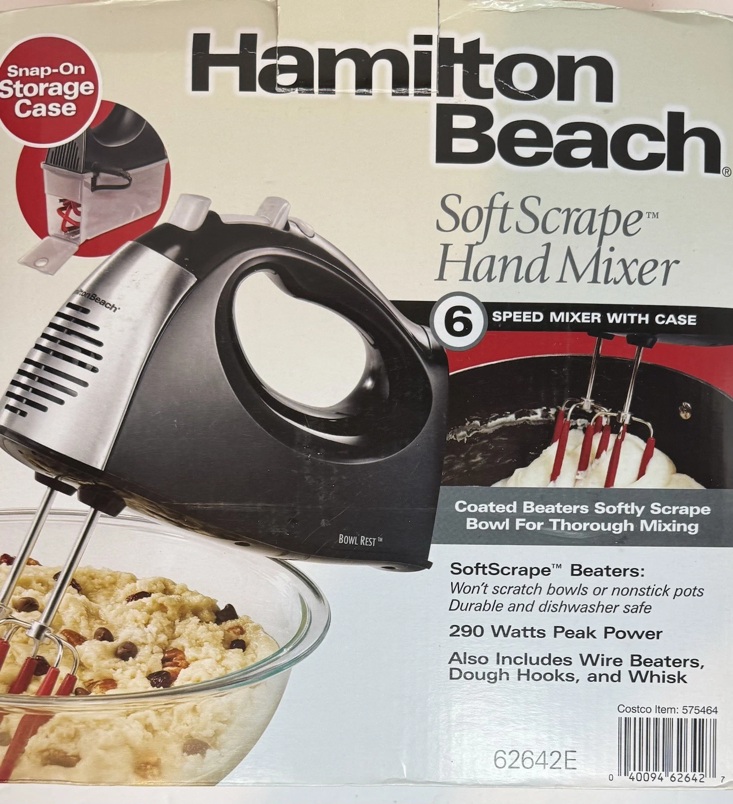 Hand Mixer Hamilton Beach 6-Speed Dough Hooks Silicone Wire Beater &Whisk 62642E